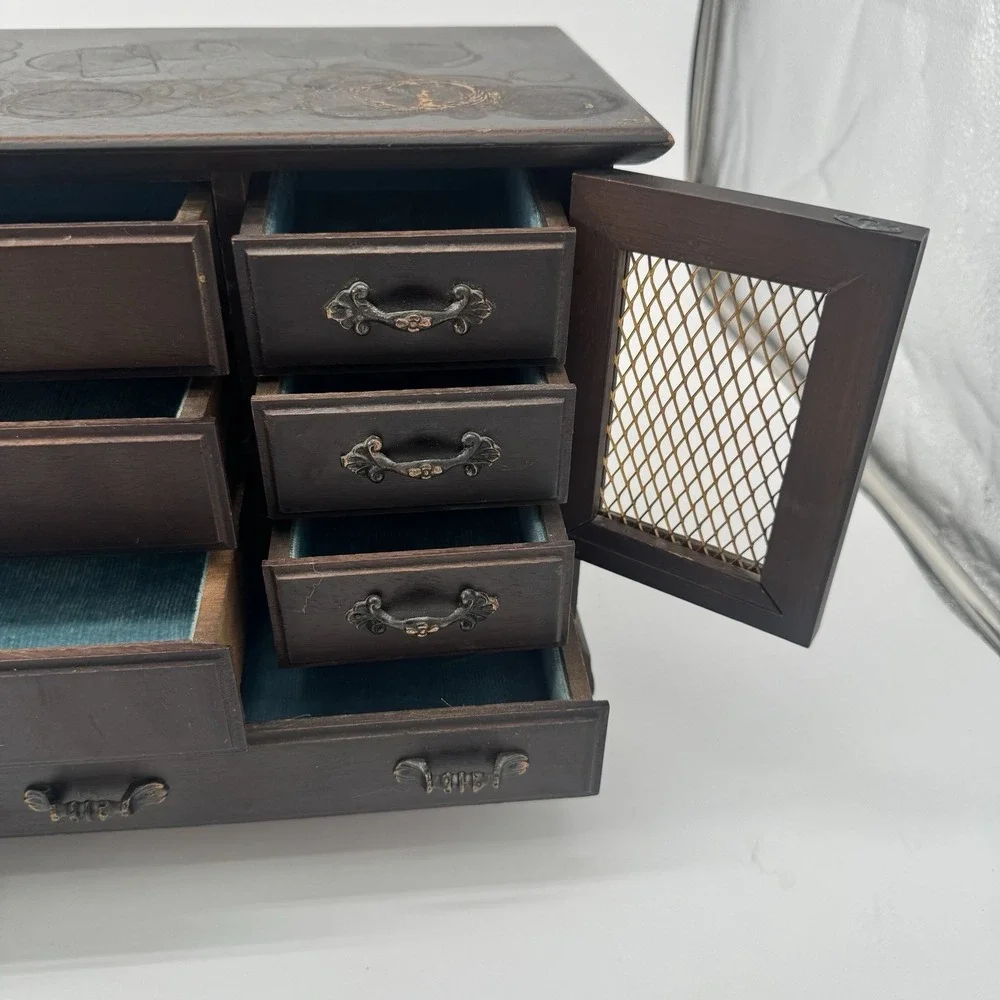 Vintage Japanese Wood‎ Jewelry Box Chest 9 Drawer MCM Teal Velvet Lined Japan